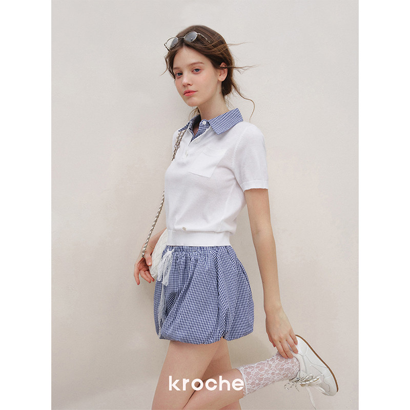 KROCHE チェック 重ね着風 半袖 Tシャツ KB5158