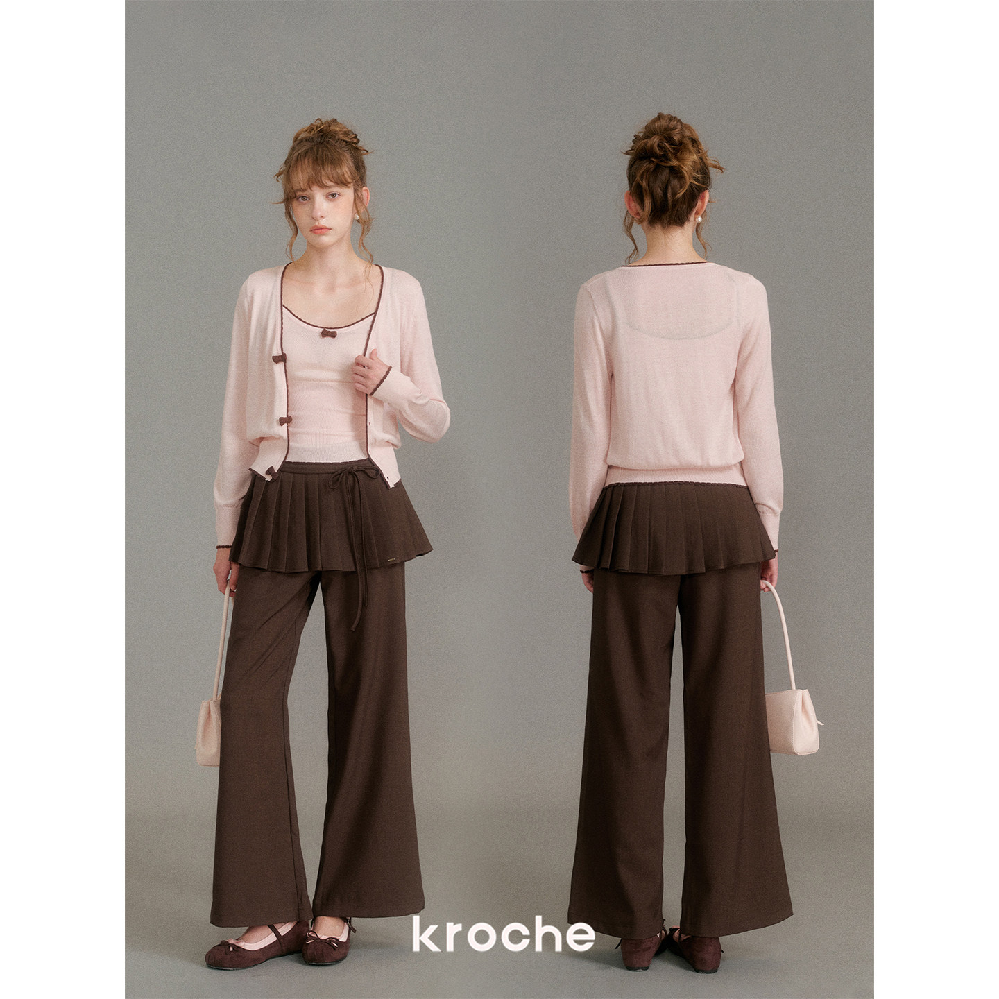 KROCHE プリーツ ワイド ストレート 重ね着風 パンツ KL3064