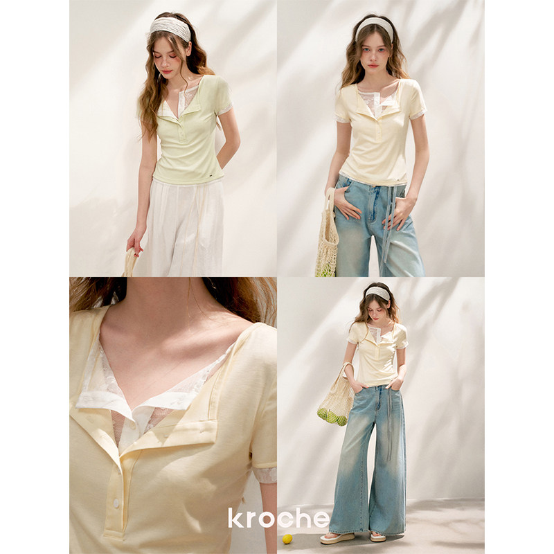 KROCHE レース 重ね着風 半袖 Tシャツ KEC8007