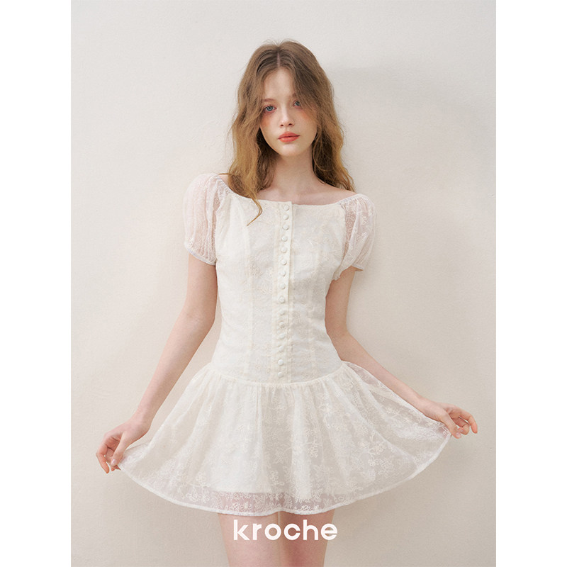KROCHE パフスリーブ 刺繍 ワンピース KR9004