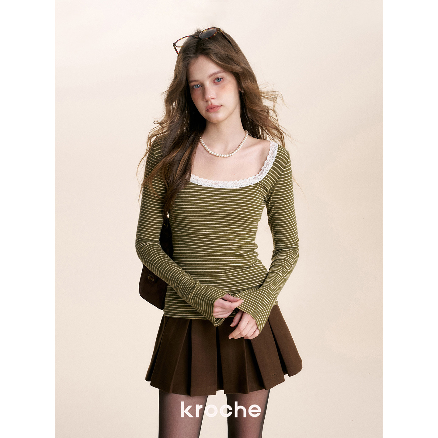 KROCHE レース ストライプ 配色 長袖 Tシャツ KE8040