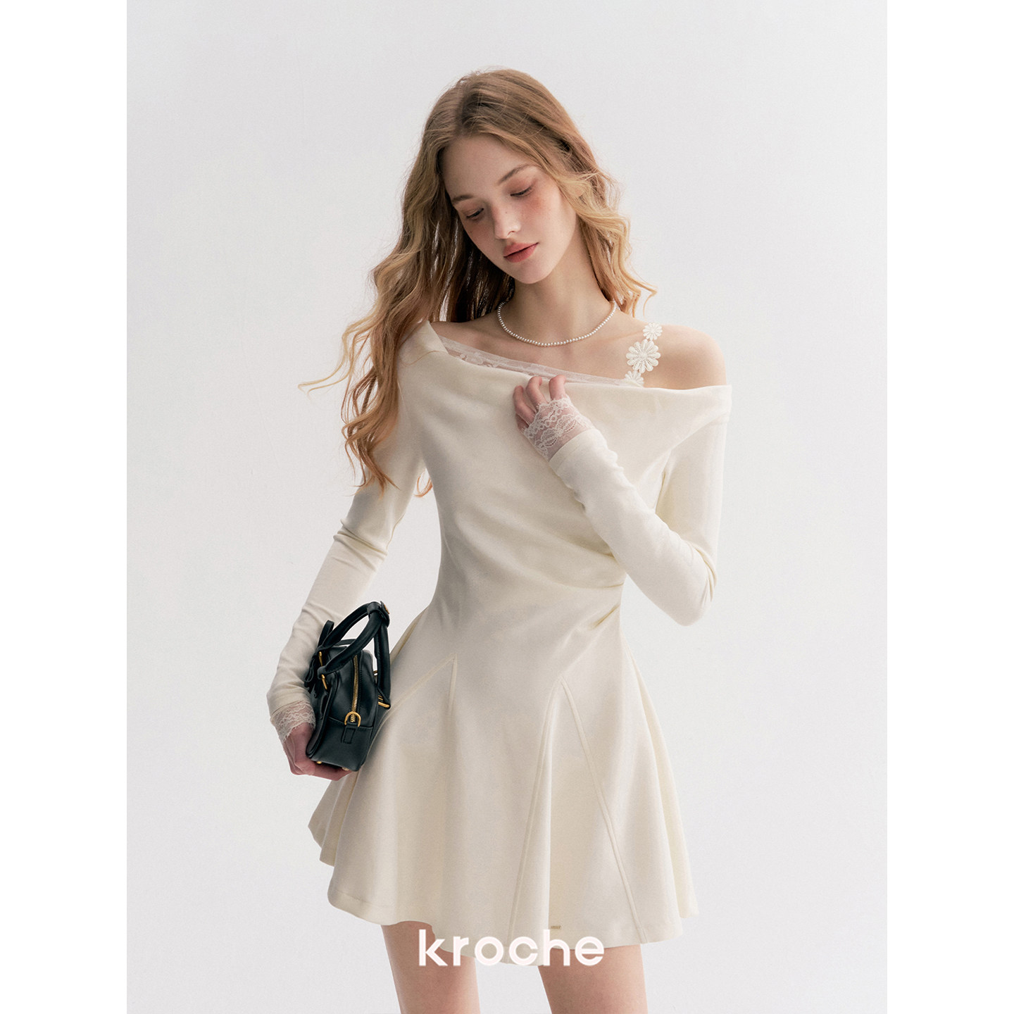 KROCHE レース アシンメトリー 重ね着風 長袖 ワンピース KR4042