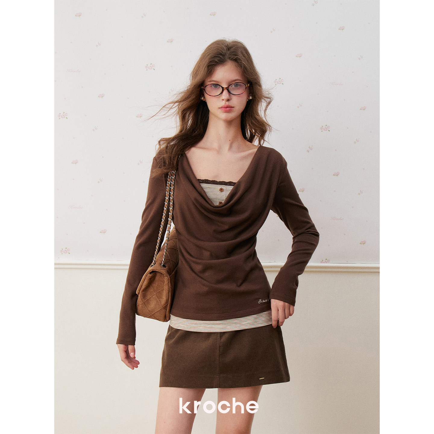 KROCHE レース ストライプ 重ね着風 長袖 Tシャツ KP3132