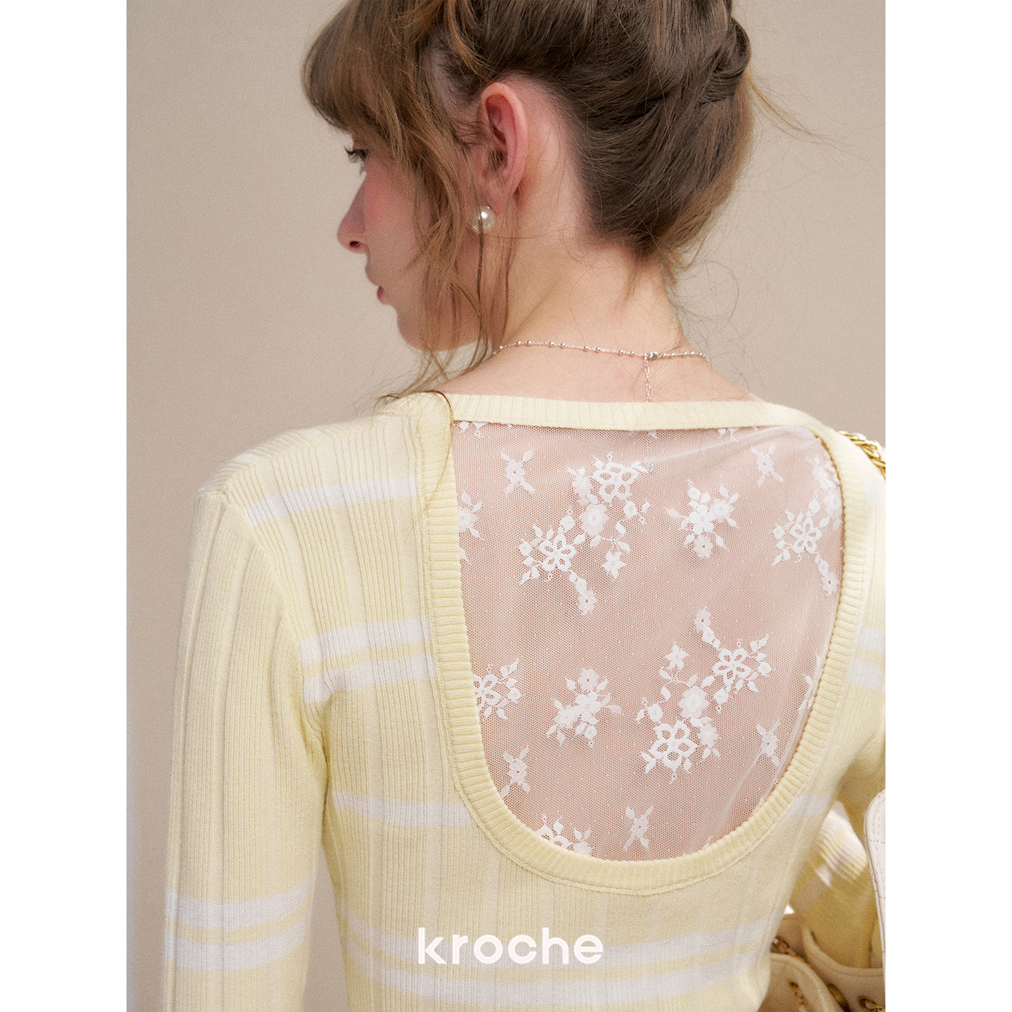 KROCHE レース Vネック ストライプ 配色 ニット KP8076