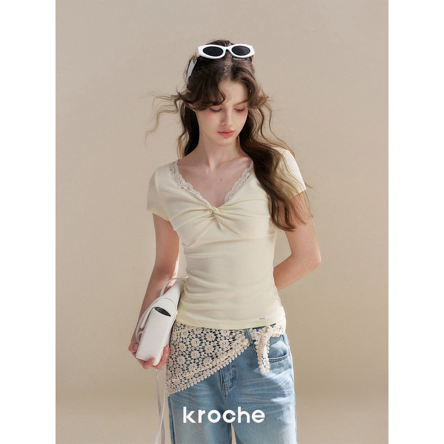KROCHE レース Vネック 半袖 Tシャツ KEC8064