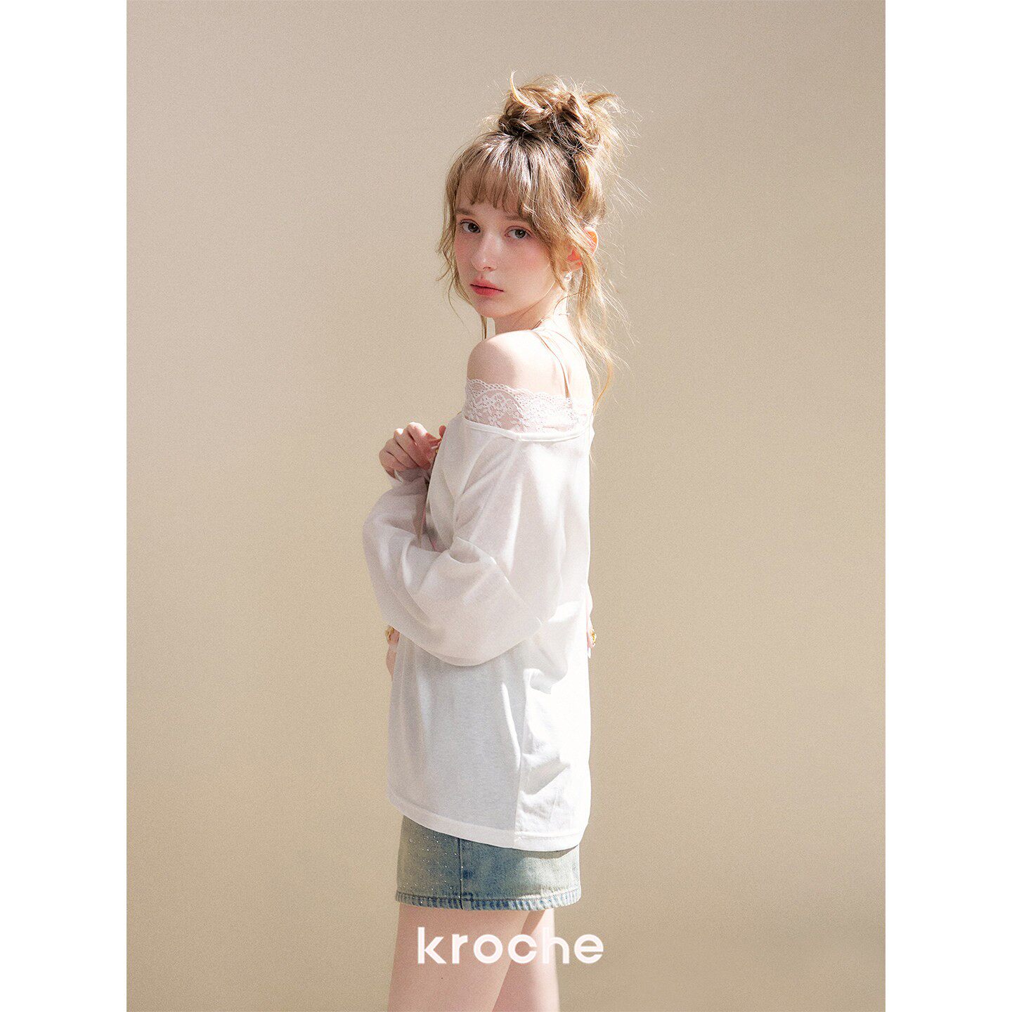 KROCHE レース アシンメトリー プリント Tシャツ KE4054
