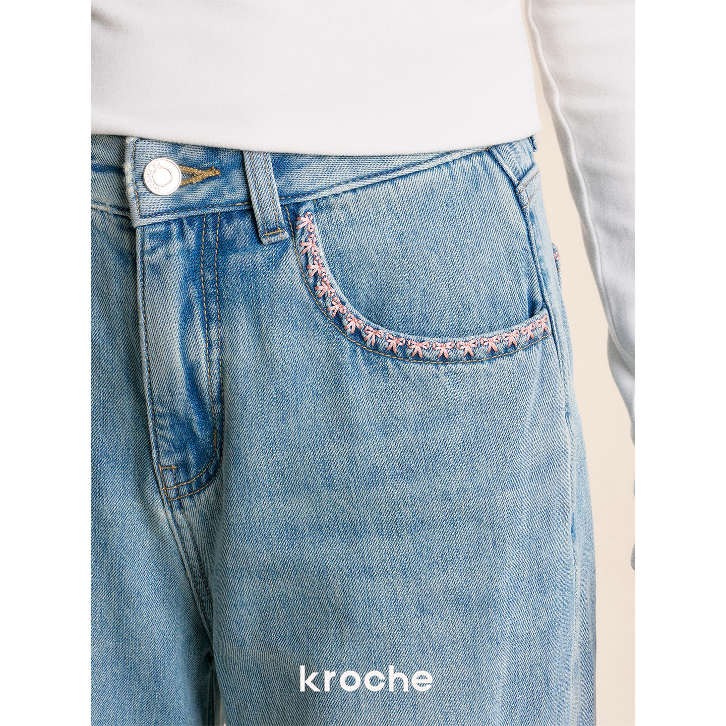 KROCHE リボン 配色 デニム ワイド デニムパンツ KN9021