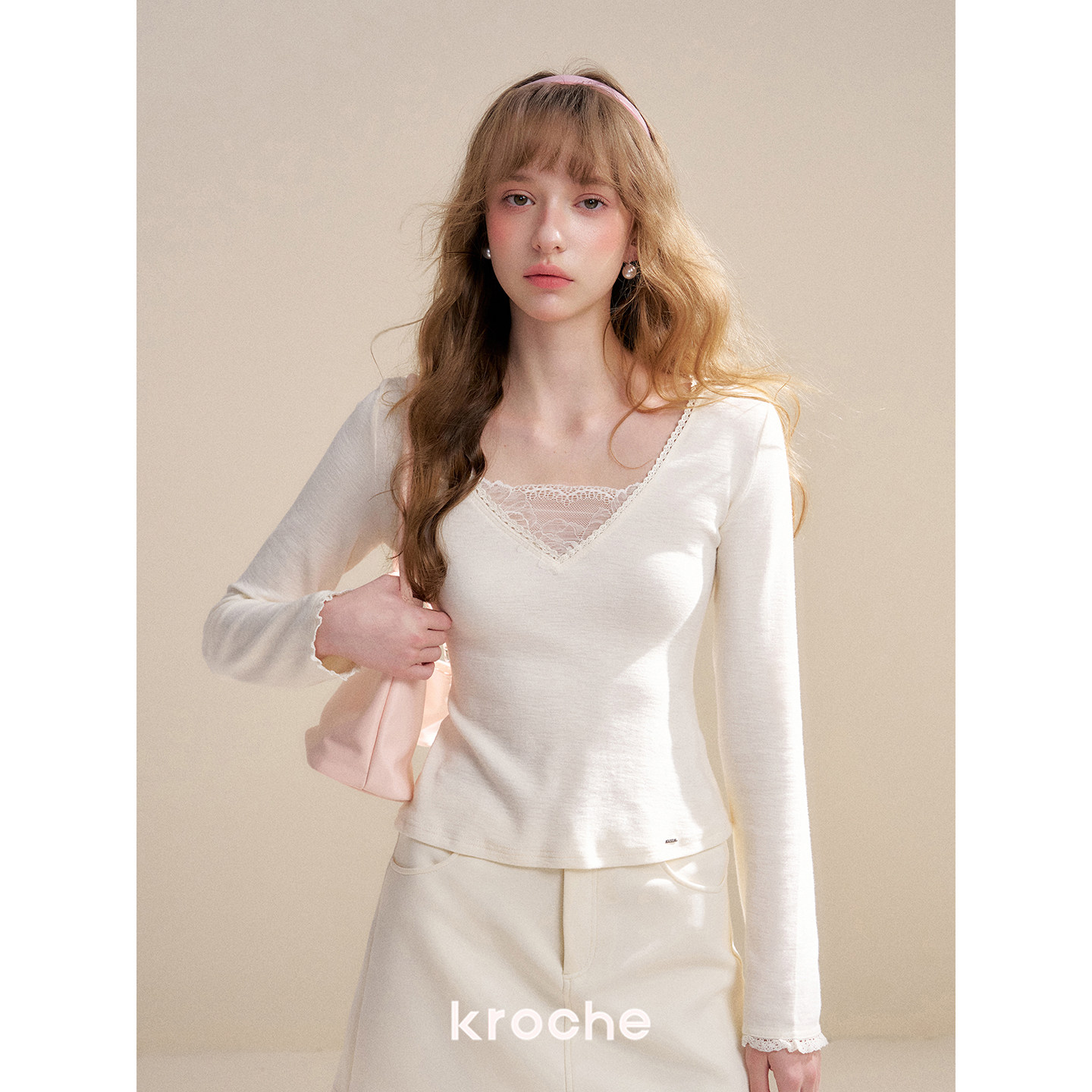 KROCHE レース Vネック 重ね着風 長袖 Tシャツ KE8055