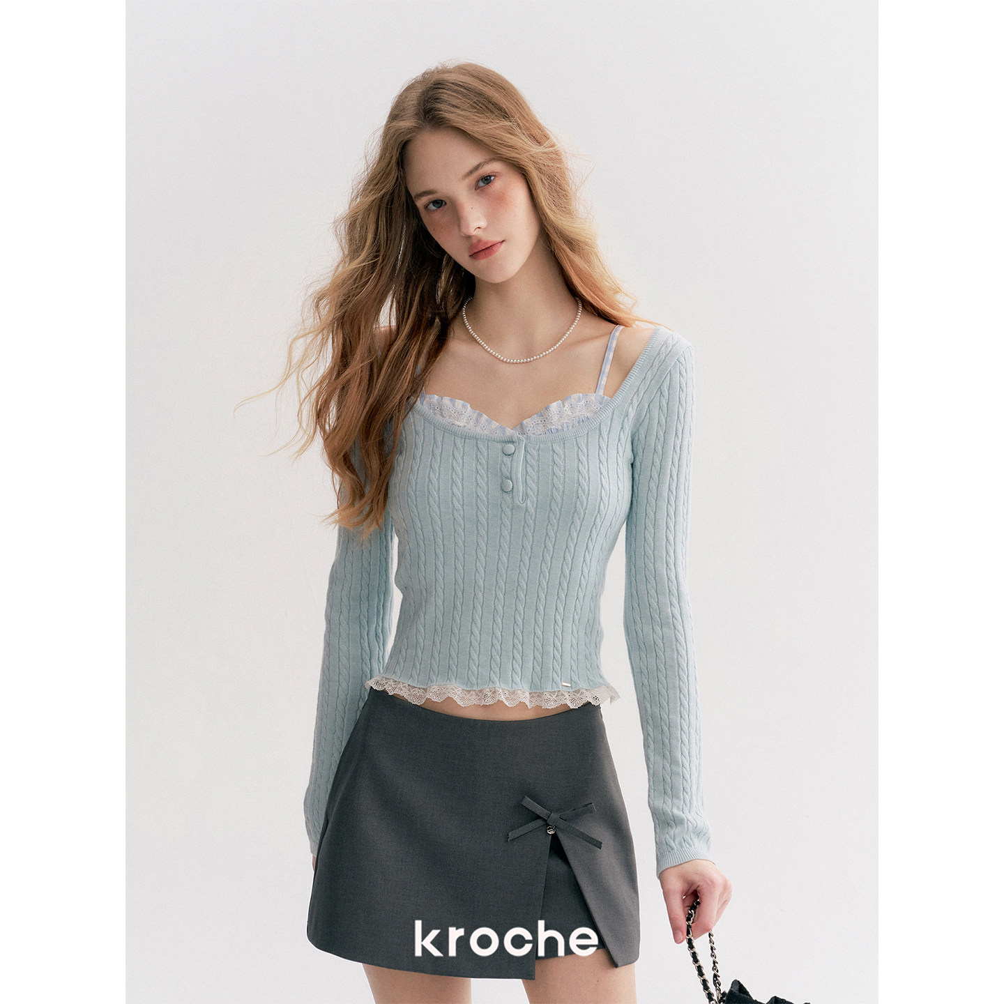 KROCHE チェック ケーブル編み 重ね着風 ニット KP8015