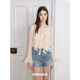 Kroche24ss French romantic irregular raw edge rose love pearl embroidered high waist denim shorts