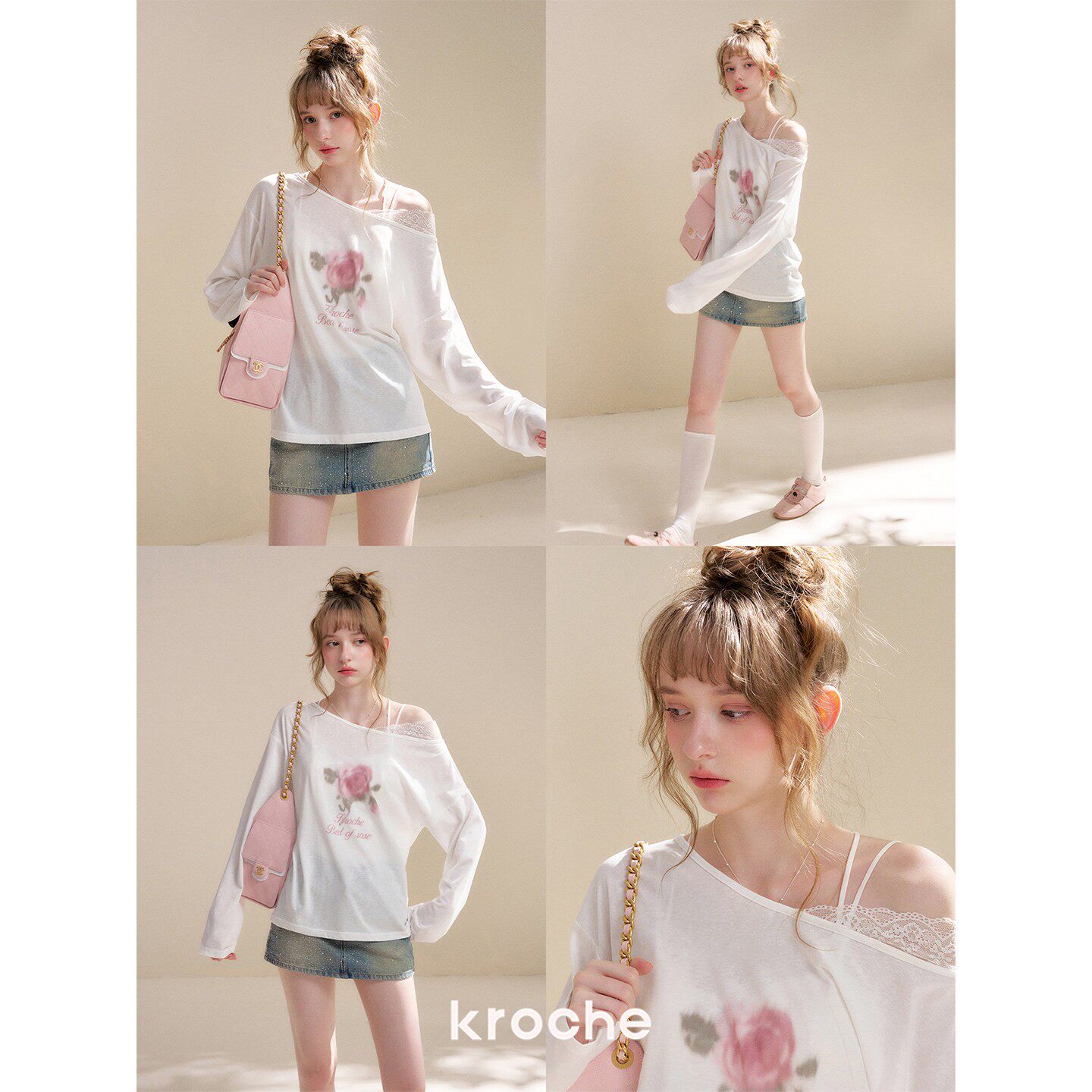 KROCHE レース アシンメトリー プリント Tシャツ KE4054