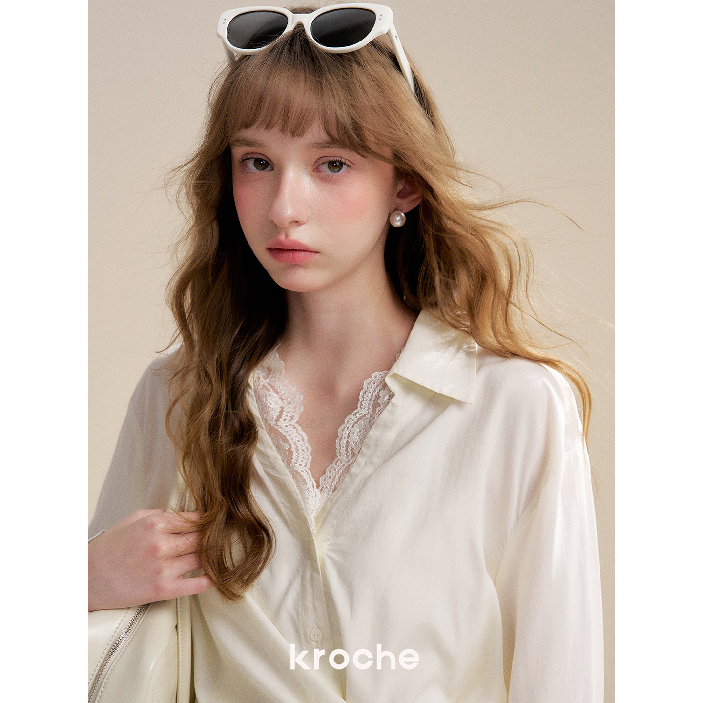 KROCHE レース Vネック 長袖 シャツ・ブラウス KBS4016