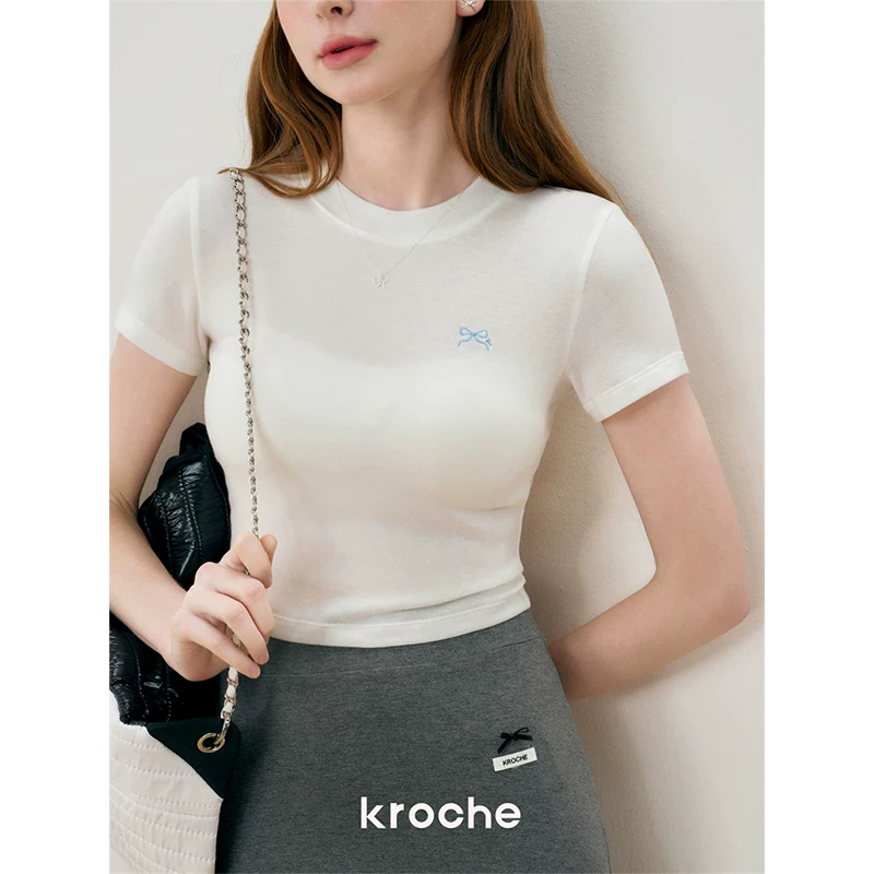 Кроше Woolen футболка с коротким рукавом, с бантом, круглый воротник, с вышивкой, slim fit