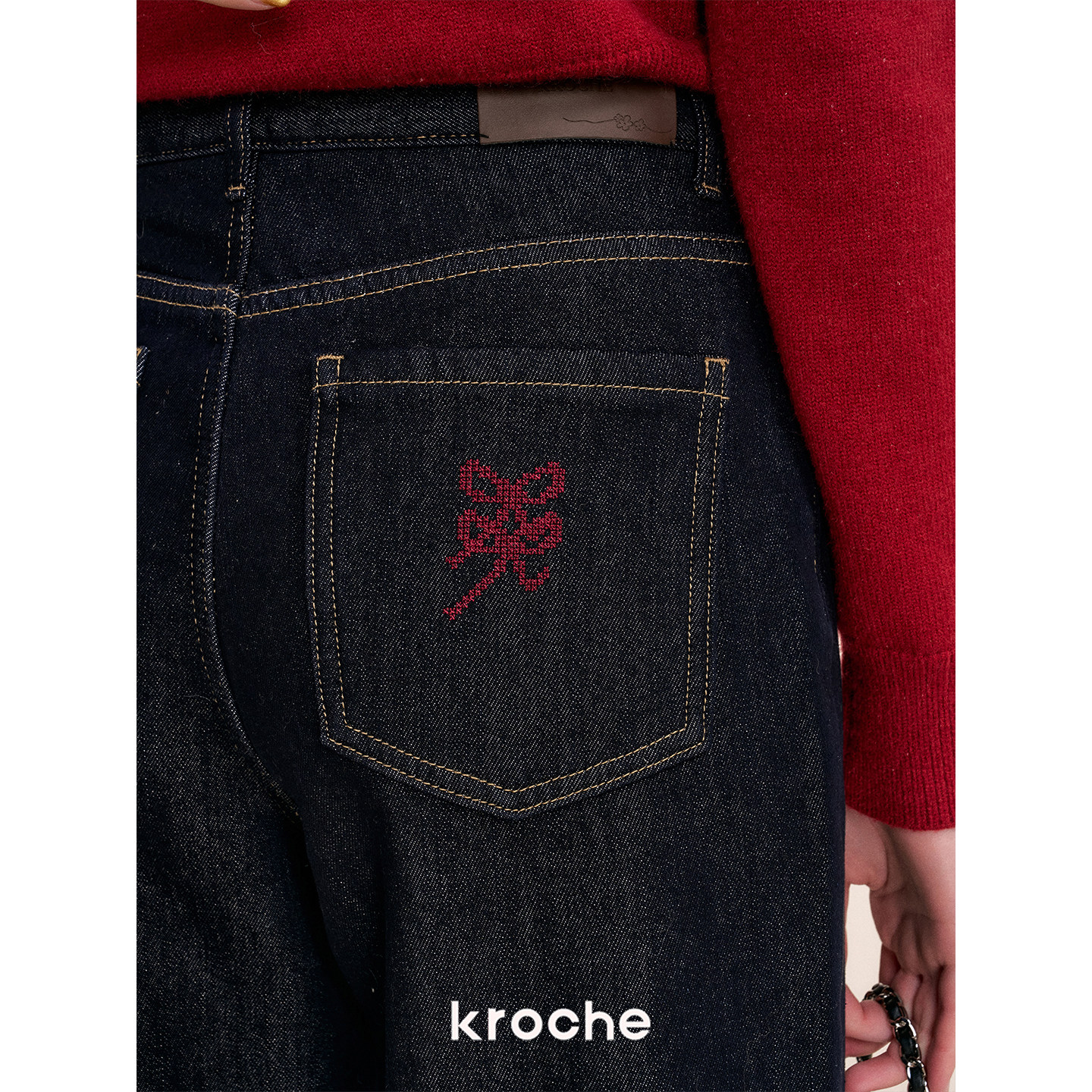 KROCHE リボン 配色 デニム ストレート デニムパンツ KN5022