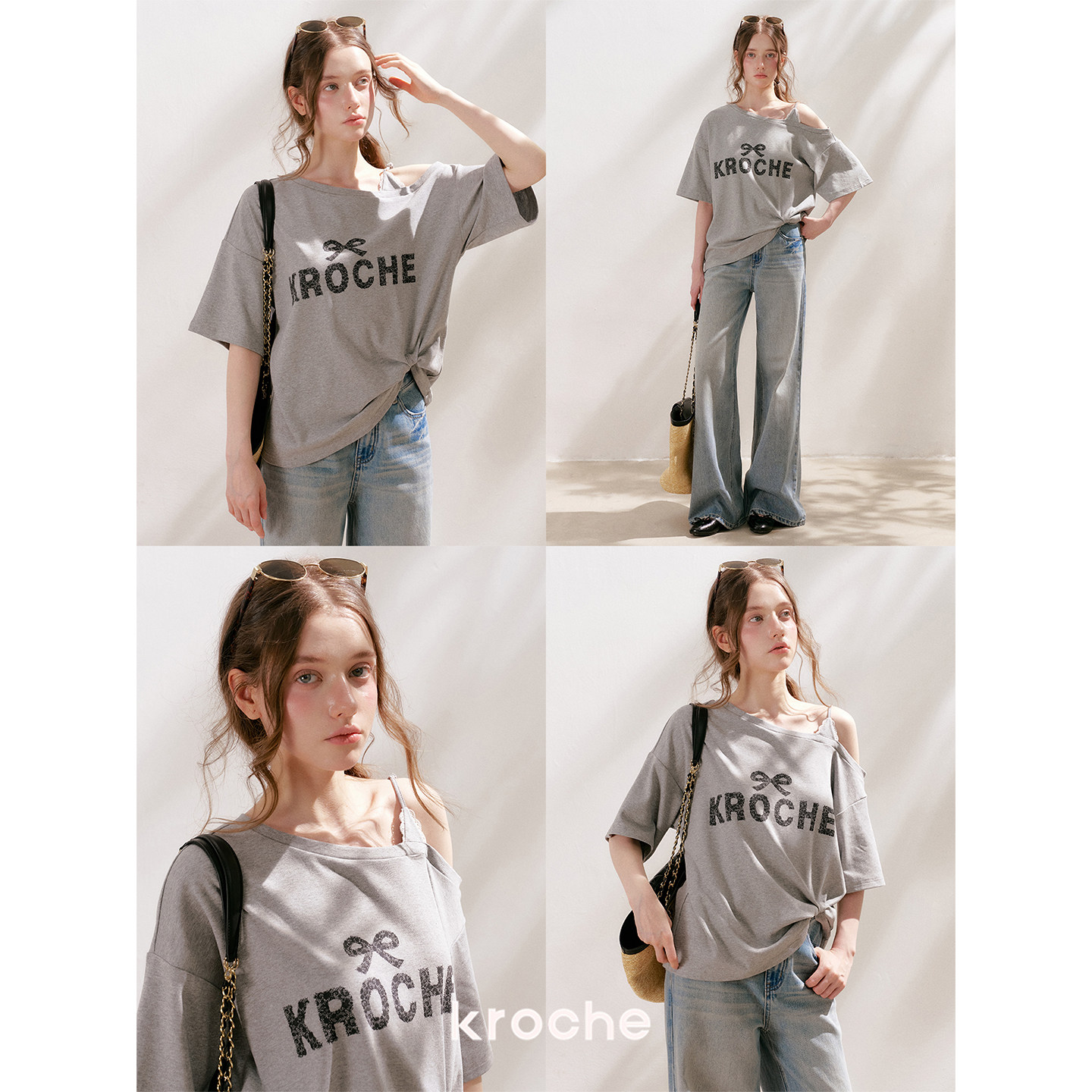 KROCHE レース オフショルダー プリント 半袖 Tシャツ KEC7070