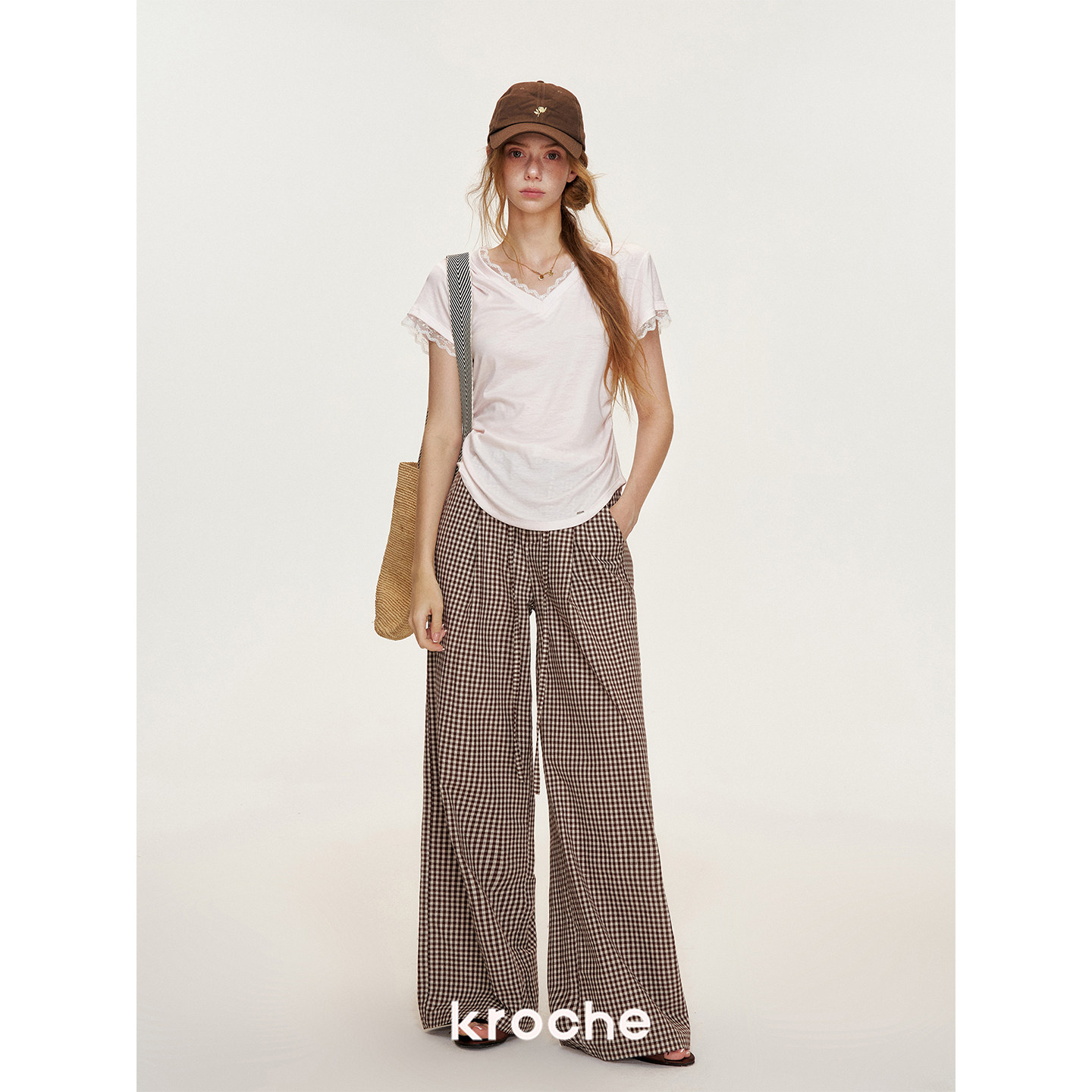 KROCHE レース チェック ハイウエスト ワイド パンツ KL9008