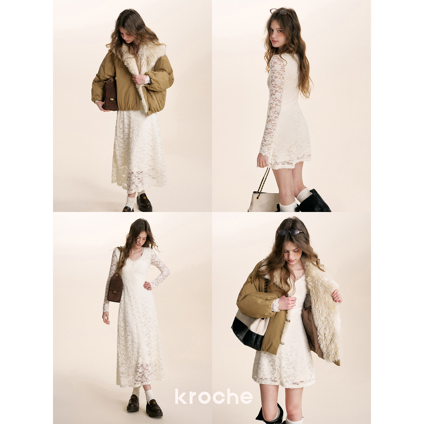 KROCHE レース Vネック 長袖 ワンピース KR4048