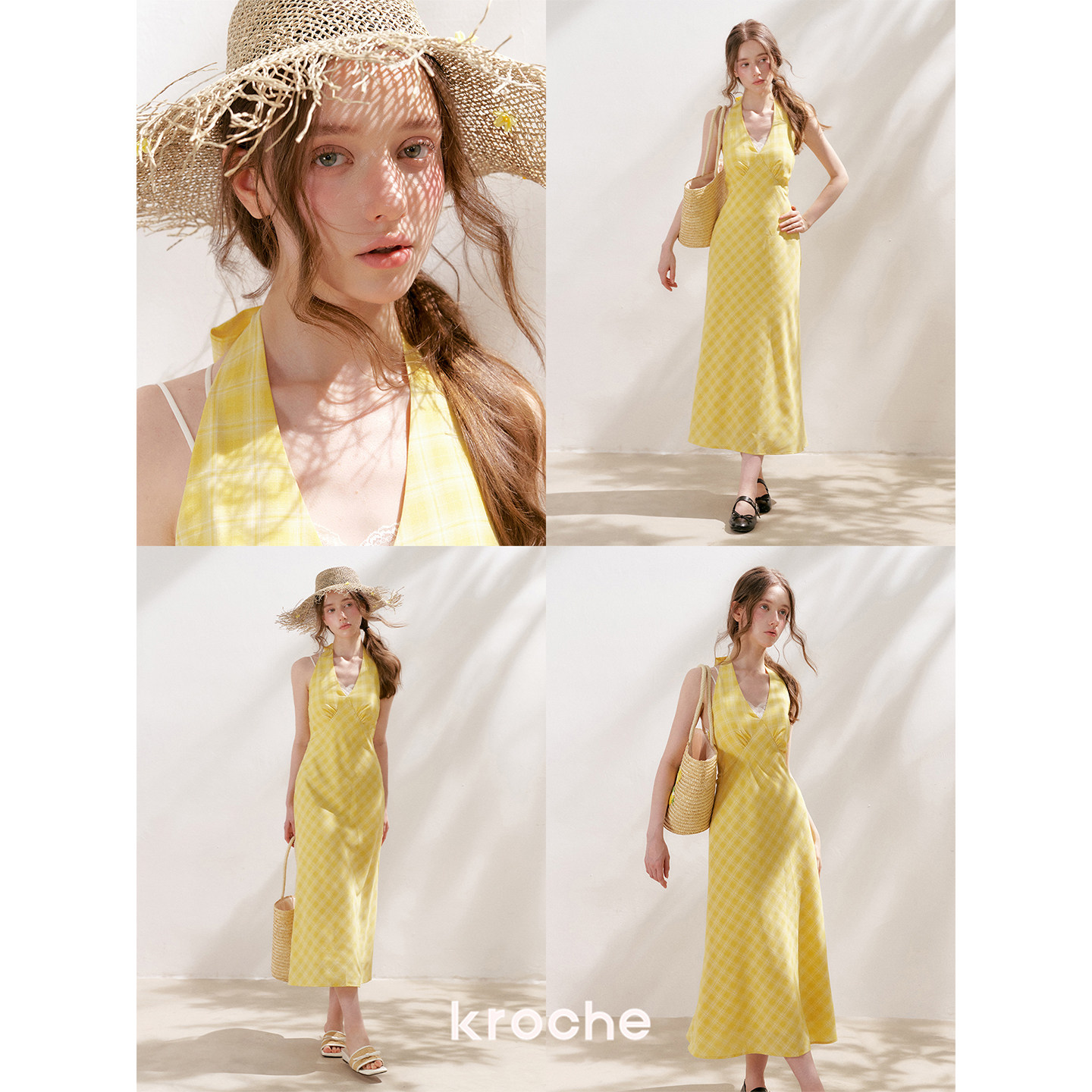 KROCHE リボン Vネック ホルターネック チェック ワンピース KR1091
