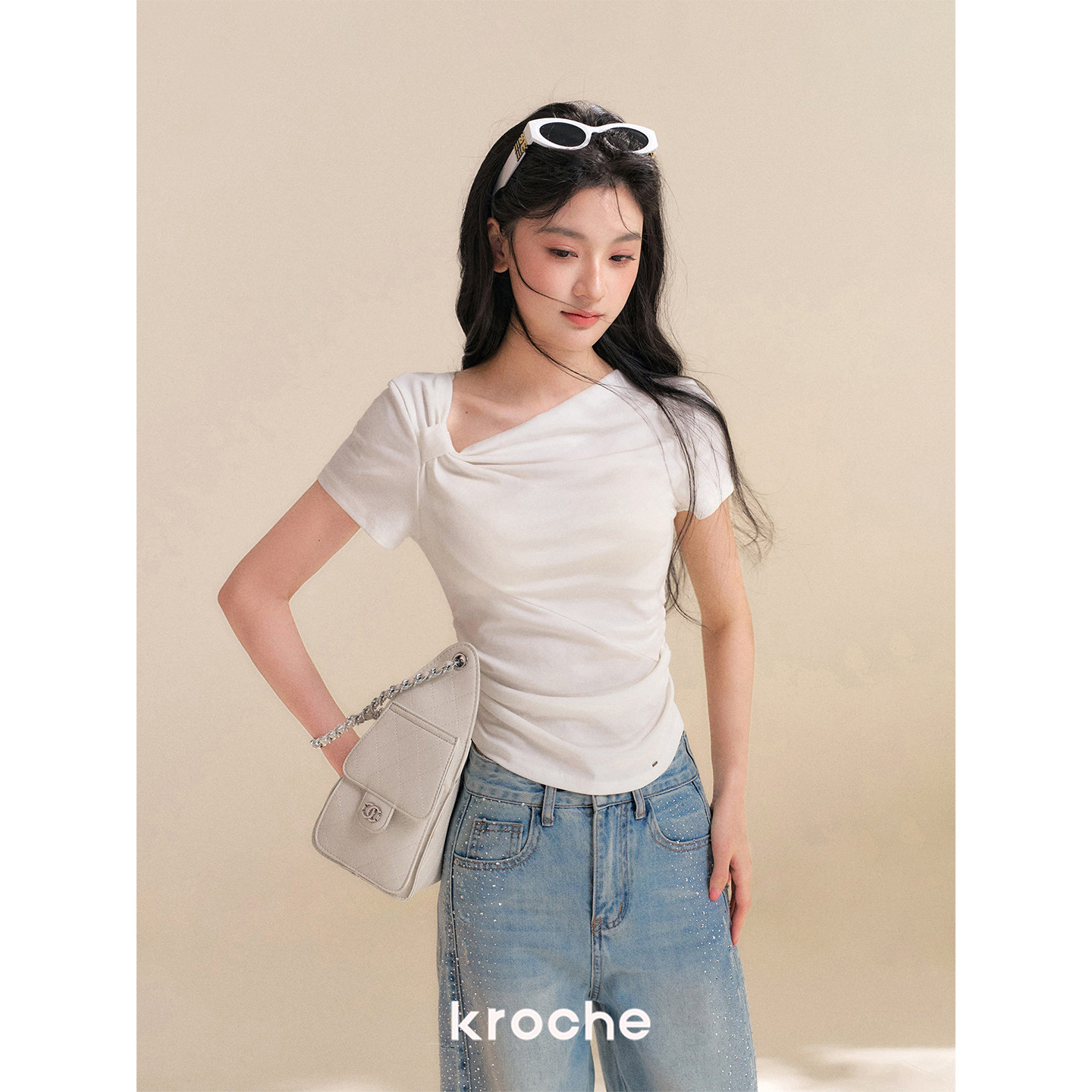 KROCHE リボン アシンメトリー 半袖 Tシャツ KEC4057