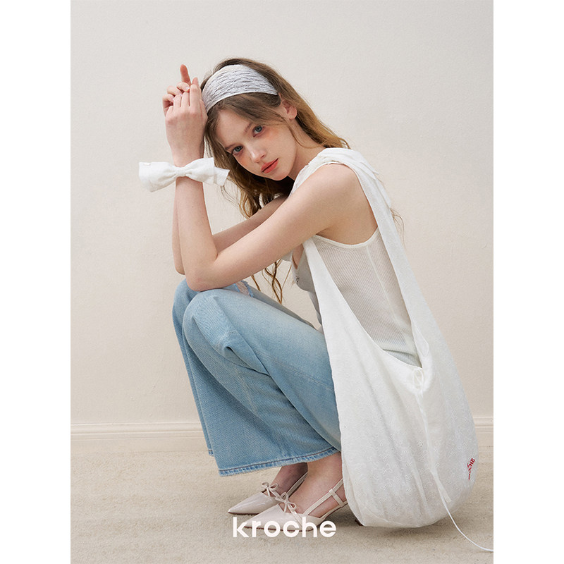 KROCHE レース デニム ハイウエスト ワイド デニムパンツ KN2002