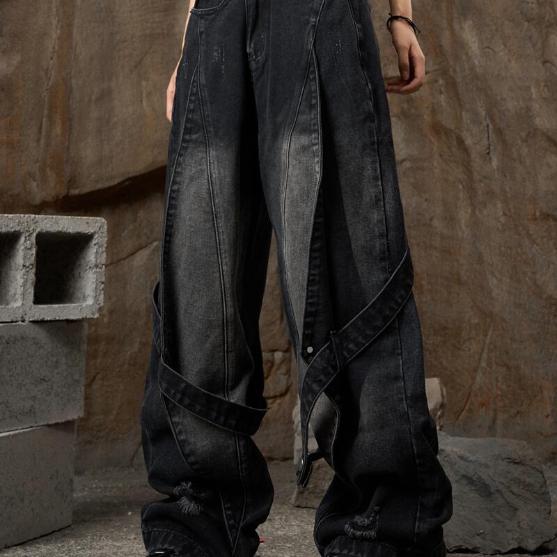 Zcnt-Original Versatile Straight-Leg Vintage Washed Patchwork Design Distressed Denim Cargo Pants