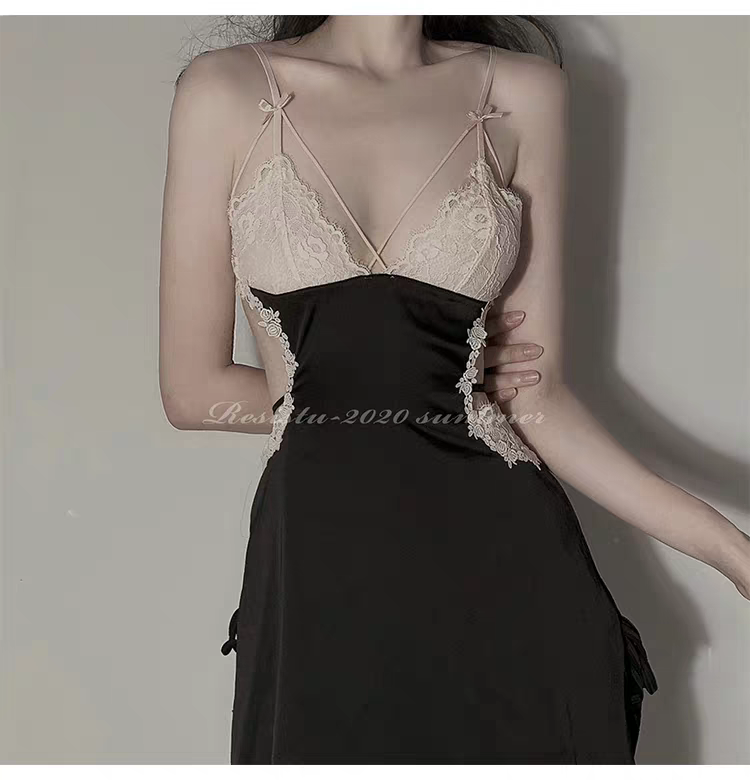Lace sexy nightdress thin and extremely tempting female summer new ice silk sling pajamas beautiful back cut men's private room hot
