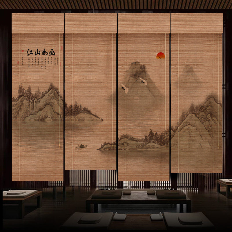 Infuku Time Bamboo Blinds Curtain Retro Landscape Flowers Birds Commercial Home Shading Electric Zen electric Zen partition roller shutters