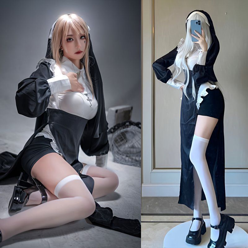Nun Cosplay Costume Set, Pure Desire Style, Tight-Fitting Uniform, Sexy Slit, Cross-Dressing, Halloween Nightclub Bar Outfit for Women