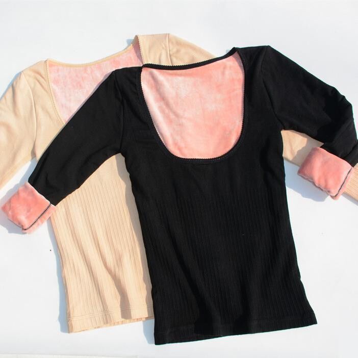 Net Red style Autumn Winter Thickened with velvety heating clothes Chest Beauty Body Shapen Dress Lady Blouse U Collar Tight Underwear