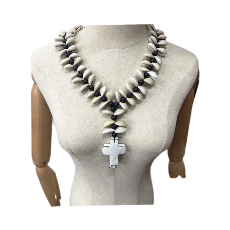 Vintage Monies Fashion Trend Natural Shell and Wood Bead Retro Distressed Cross Pendant Necklace