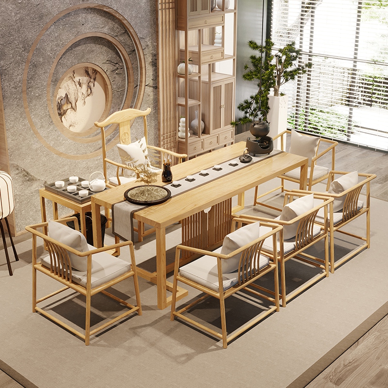 New Chinese-style solid wood tea table living room rectangular tea table and chair combination home modern minimalist log Zen tea table