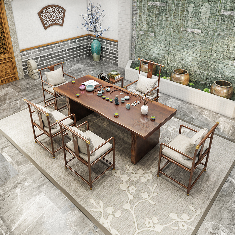Solid wood board tea table and chair combined new Chinese tea table retro tea disk office 1 m 8 solid wood log tea table