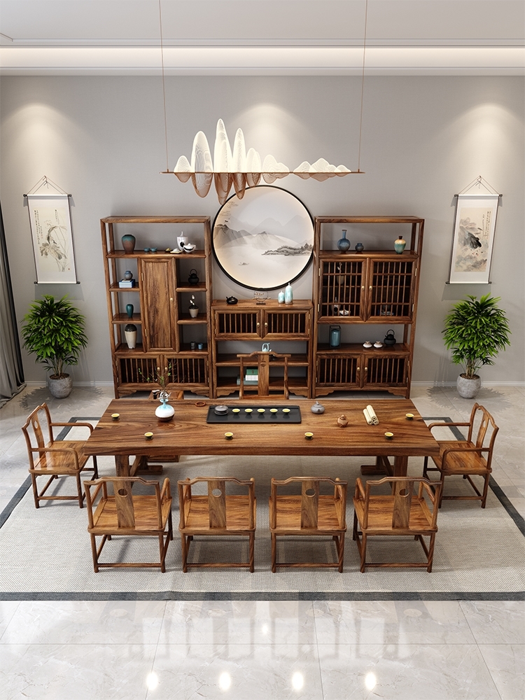 New Chinese black walnut tea table and chair combined solid wood log board tea table meditation leisure meeting to negotiate long tables