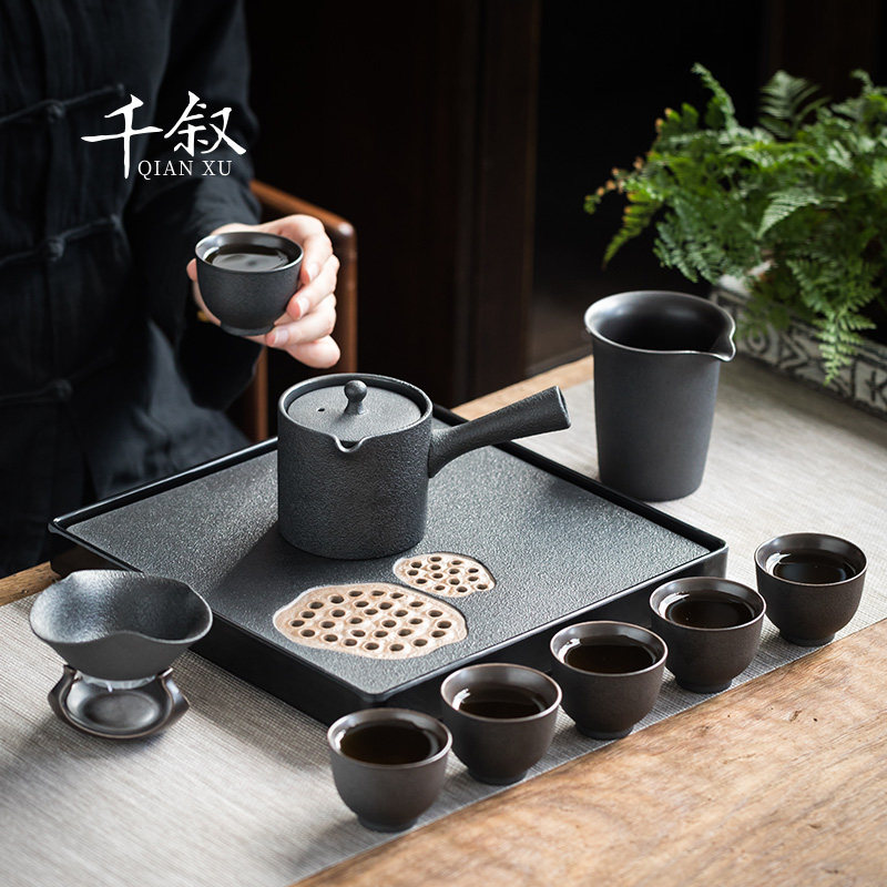 one thousand Narrative Black Pottery Kongfu Tea Set Group Home Upscale Light Lavish Side Treat Teapot Tea Cup Small Office Tea