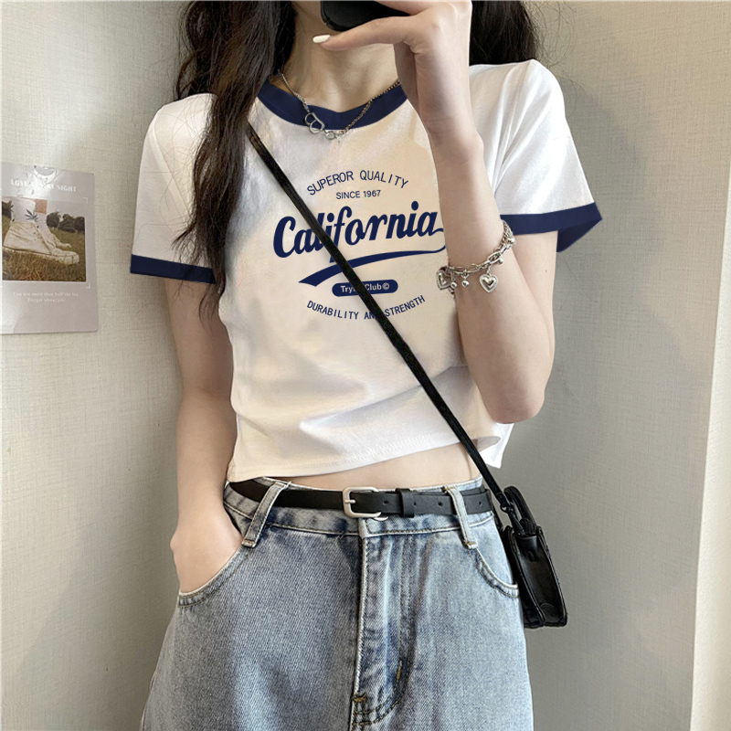 Color-Blocked Short-Sleeve Women's T-Shirt, Short Style, New Summer Vintage Cotton Sweet and Spicy High-Waisted Round Neck Patchwork Top, Trendy Color-Blocked Short-Sleeve Women's T-Shirt, Short Style, New Summer Vintage Cotton Sweet and Spicy High-Waisted Round Neck Patchwork Top, Trendy