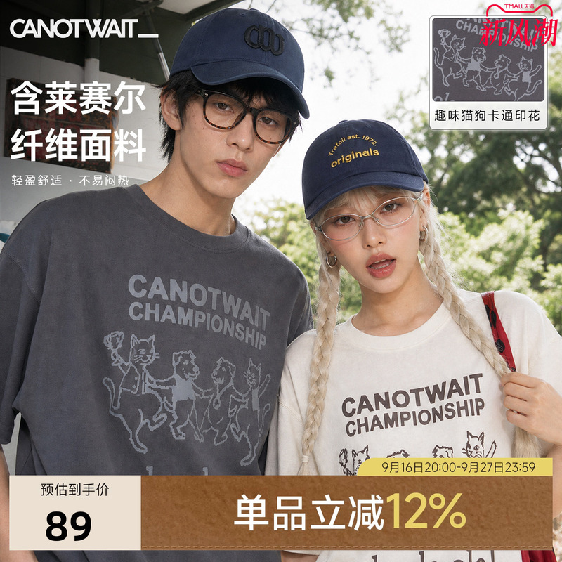 【New Product】William Chan Trendy Brand Short-Sleeve Men's Canotwait Champion Celebration Cat and Dog Cartoon Print T-Shirt Loose Fit