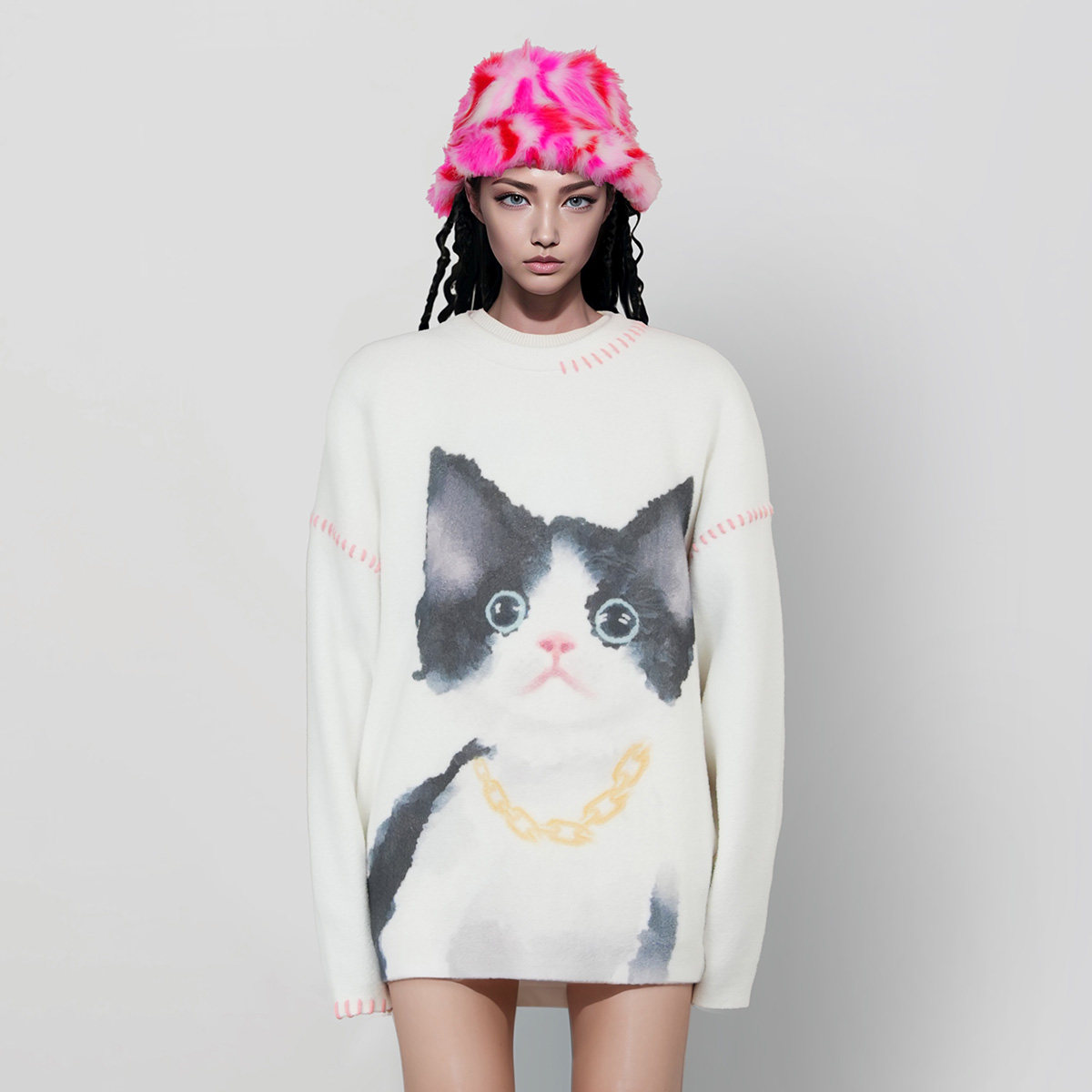 Chen Weiting CANNOTWAIT kitty pattern printed sweatshirt sweatshirt loose male and female lovers 23 autumn winter new-Taobao