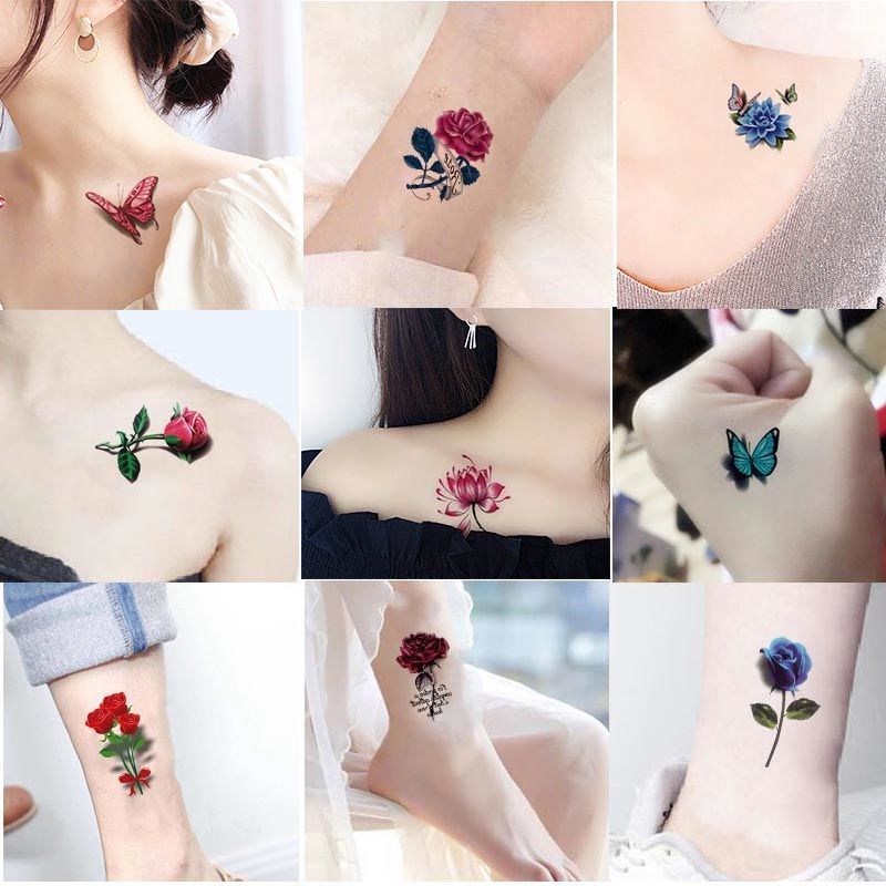 Tattoo stickers waterproof female long-lasting small fresh sexy rose flower butterfly realistic chest 3D small pattern clavicle sticker