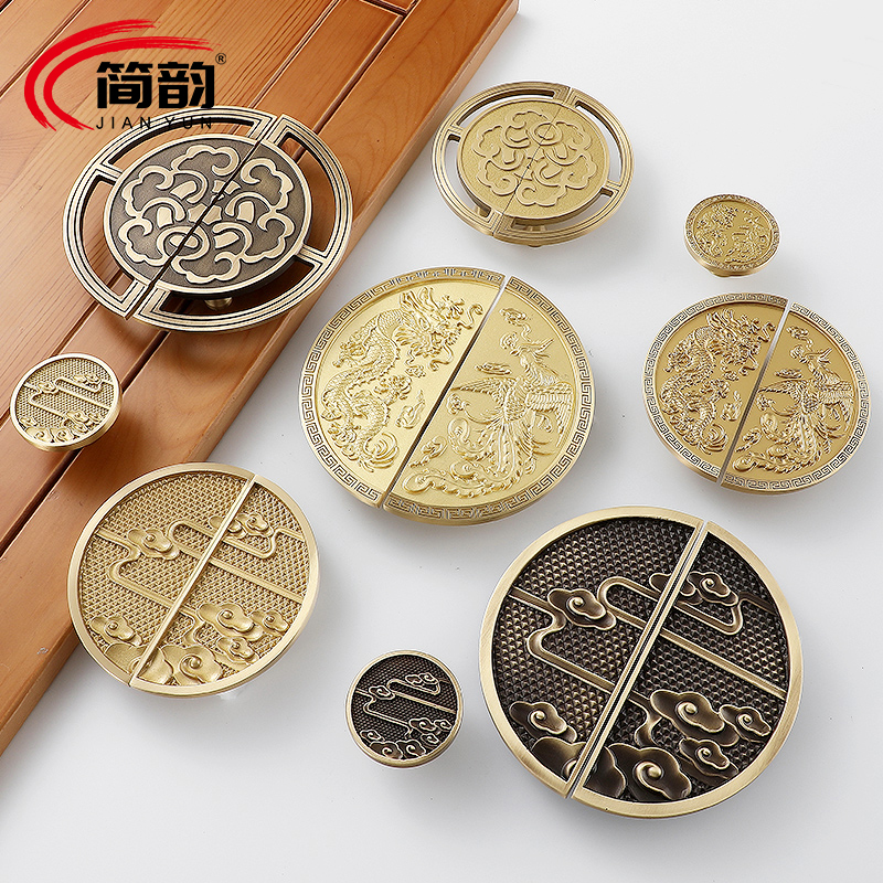 All copper handle new Chinese semi-round retro-ancient dragon Fengxiang pure copper gold pair closet door handle brass