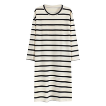 Catman pure cotton nightgown spring and autumn long-sleeved all-in-one pajamas with chest pads black and white striped loose can be worn outside home clothes