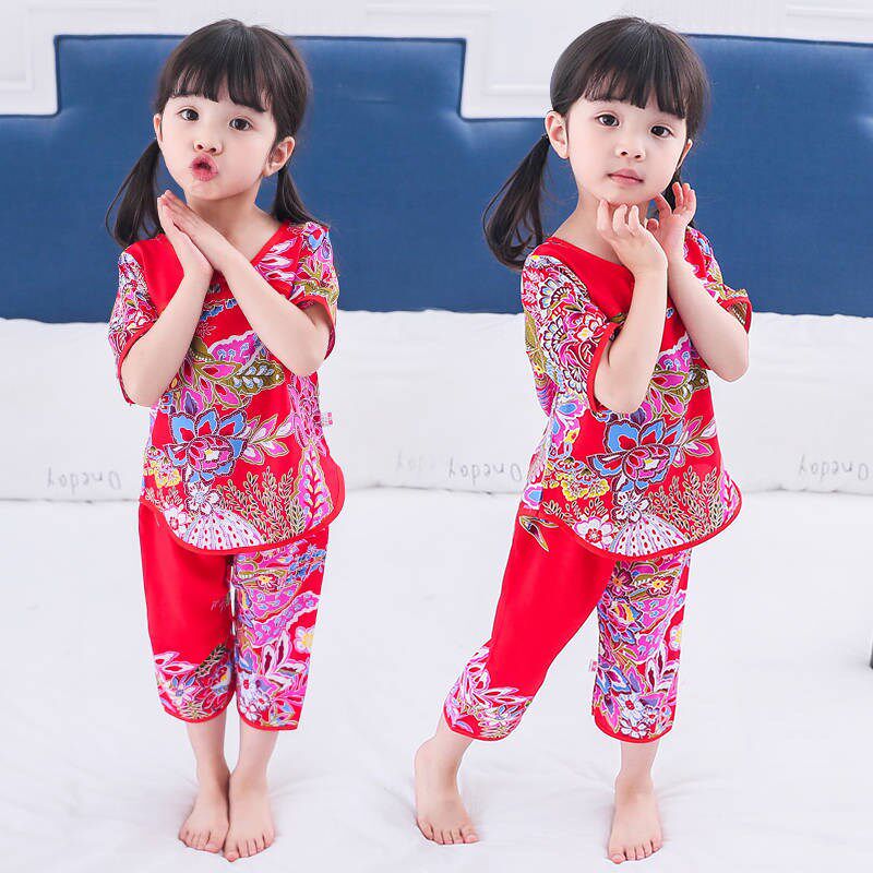 Summer girls' thin short-sleeved cotton silk home clothes Hanfu infant children's baby pajamas set air conditioning clothing