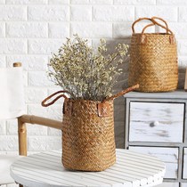 KENS Net red flower basket handmade straw storage basket creative flower pot set round small basket flower Ware