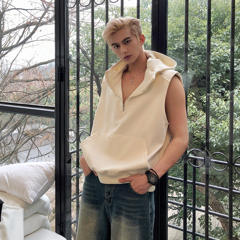 Lin Mykin American Street Style Hooded Vest for Men, Summer Sleeveless T-Shirt, Sports Vest, Sweatshirt, Trendy