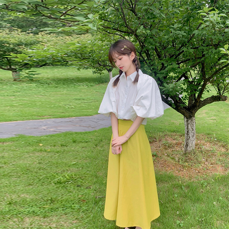 The Little Deer DEER Foam Eve Your Look Classic Wide Sleeve Shirt Yellow Half Skirt Suit