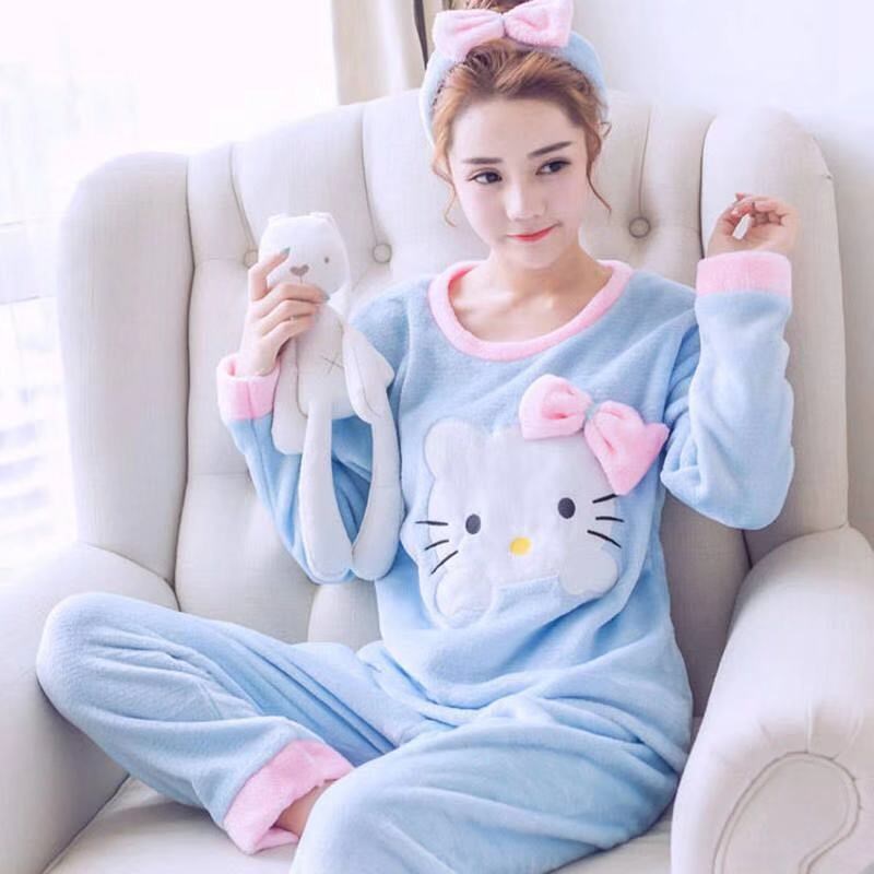 Winter flannel pajamas women's thickened autumn long-sleeved coral fleece pullover student pajamas set warm home service