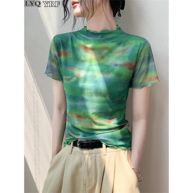 Lyq Yrf Ruffled Tie-Dye Printed Mesh Short-Sleeve T-Shirt for Women, 2026 Spring New Style, Super Popular and Age-Reducing