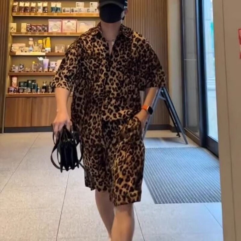 Мода Set 高级感豹纹短袖衬衫套装男士潮牌夏季薄款时尚休闲五分裤子两件套