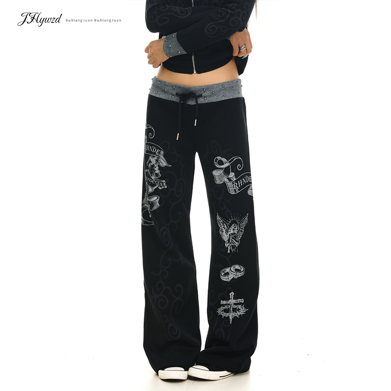 Jhywzd No Noise Roll Yabi-Style Wide-Leg Sweatpants for Women with Studded Waistband, Drawstring, Loose Straight-Leg Street Casual Pants