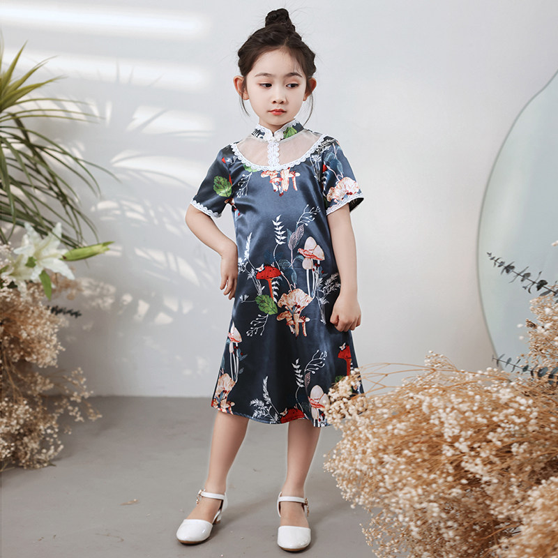 Girls' little cheongsam autumn children's Hanfu Chinese style little girl improved catwalk national trend thin gray dress