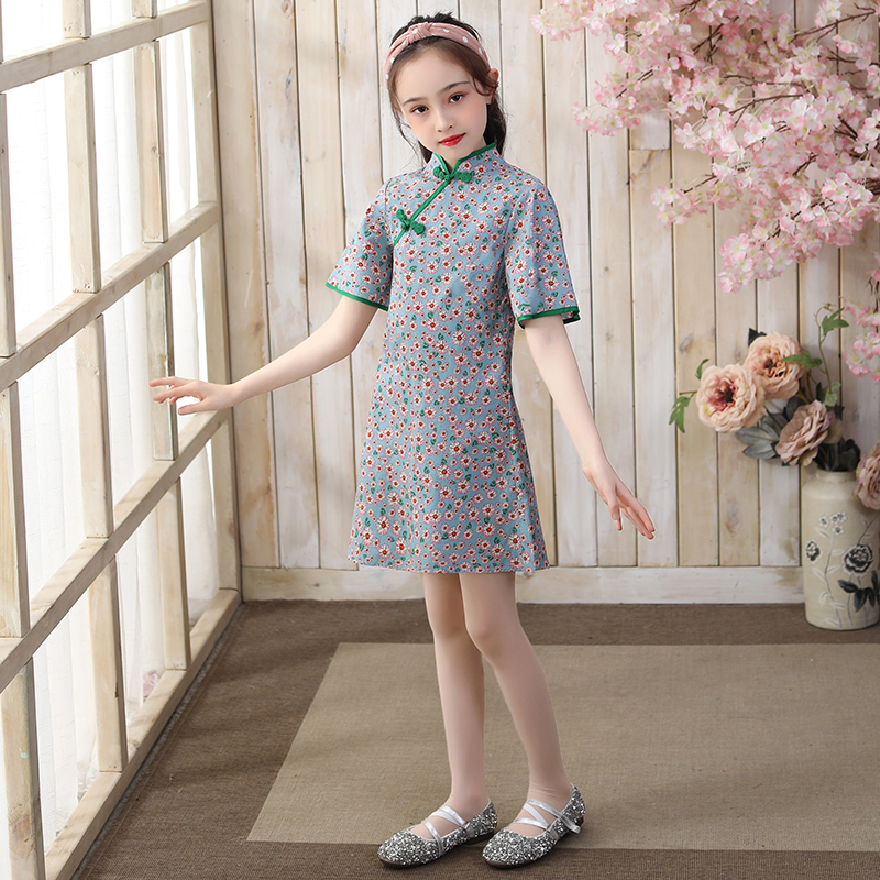 Children's cheongsam autumn girls Tang suit Chinese style retro show catwalk Chinese style thin section short-sleeved floral dress
